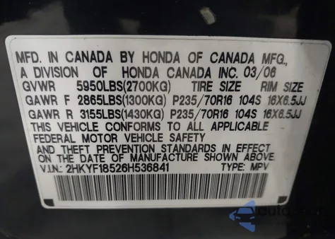 2006 Honda Pilot Ex-L from USA, damaged, VIN 2HKYF18526H536841